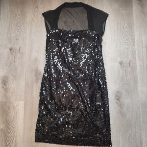 *Connected Apparel Black Sequin Body Con Dress Mesh Back Shoulder Size 8